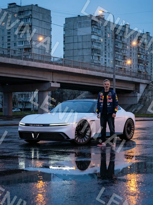 Мужчина стоит у белого купе Delorean на мокром асфальте под мостом, панельные дома
