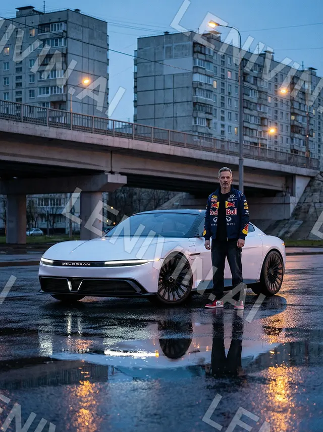 Мужчина стоит у белого купе Delorean на мокром асфальте под мостом, панельные дома