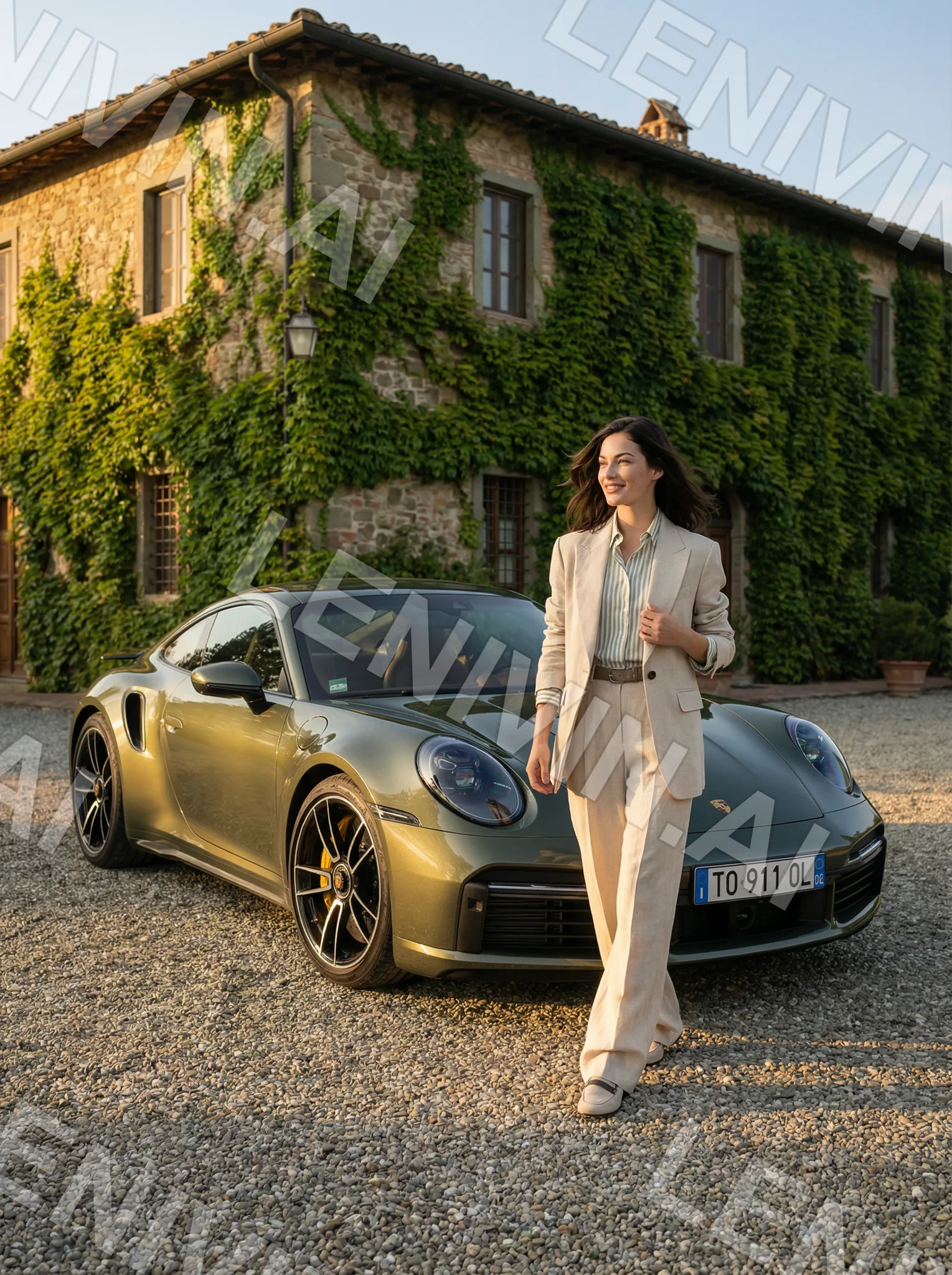 Женщина в бежевом костюме идёт мимо оливкового Porsche у дома, увитого плющом