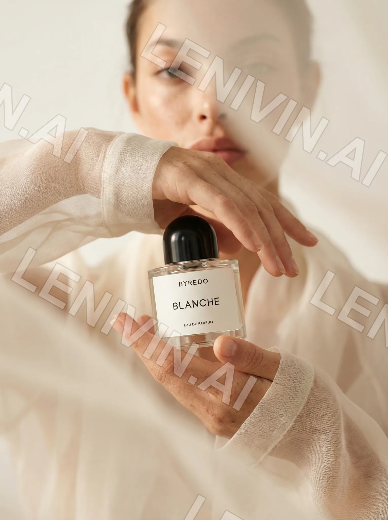 Женщина в светлом свитере держит флакон Byredo Blanche у груди, лицо частично скрыто рукой