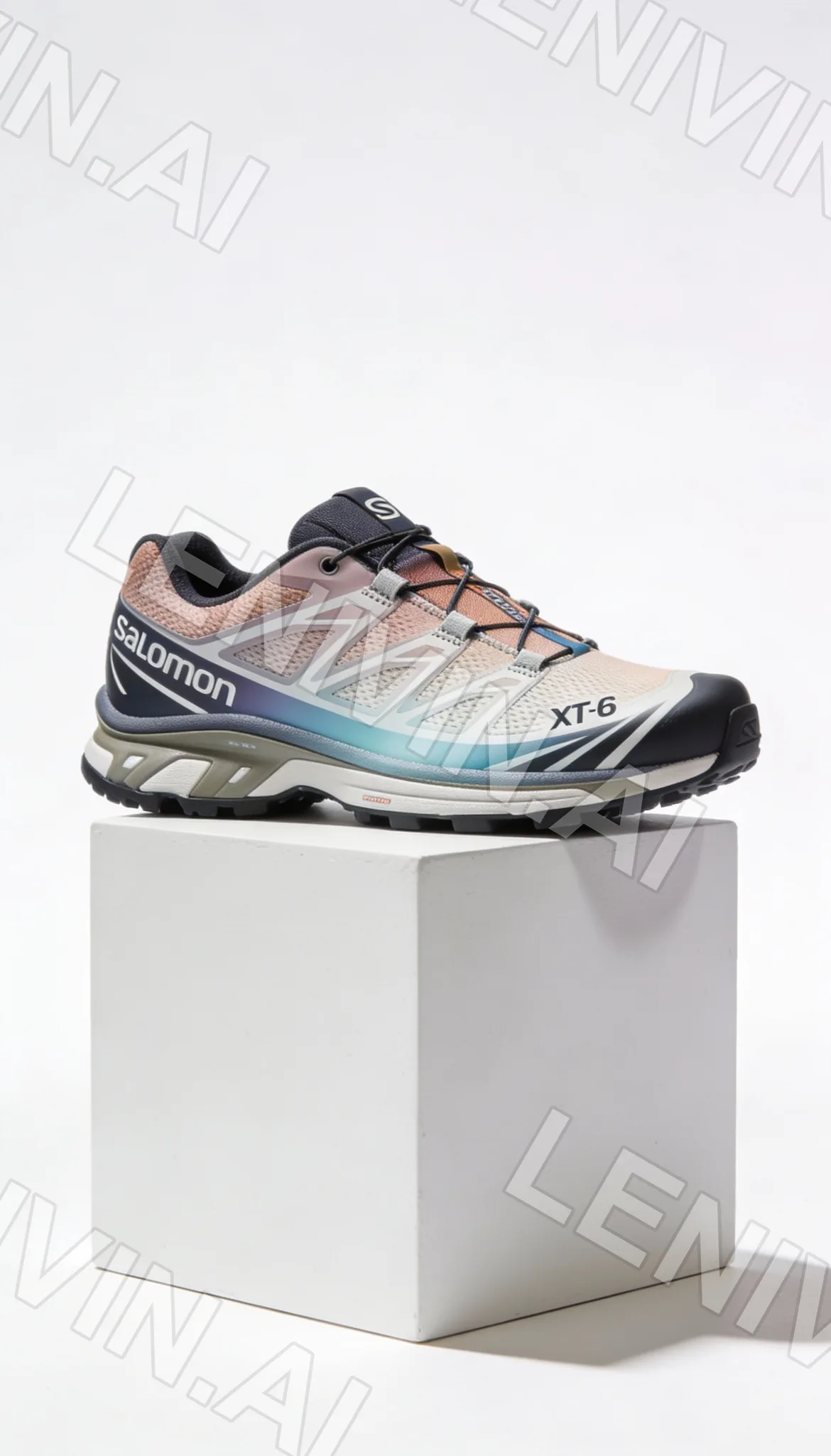 Кроссовки Salomon XT-6 с радужным переливом на белом подиуме