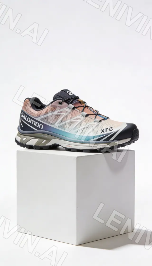 Кроссовки Salomon XT-6 с радужным переливом на белом подиуме