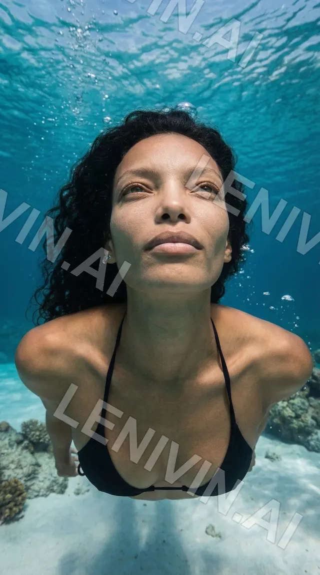 Смуглая девушка с кудрявыми волосами в чёрном купальнике под водой, вокруг коралловое дно