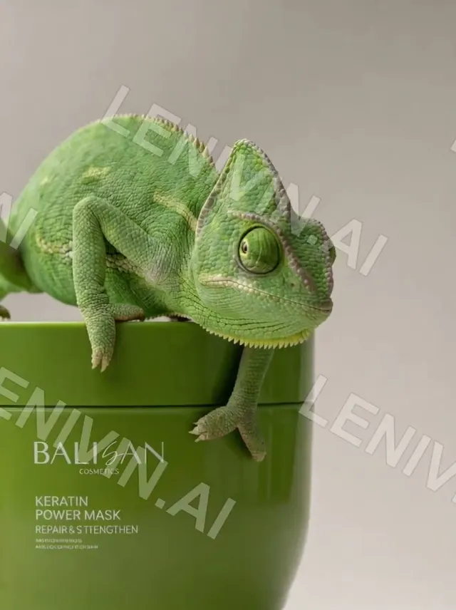 Ролик: зелёный хамелеон сидит на банке Balisan Keratin Power Mask, серый фон