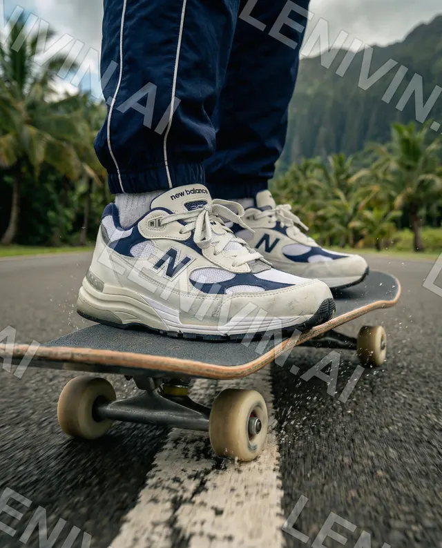 Кроссовки New Balance на скейтборде на асфальте, крупный план, брызги пыли