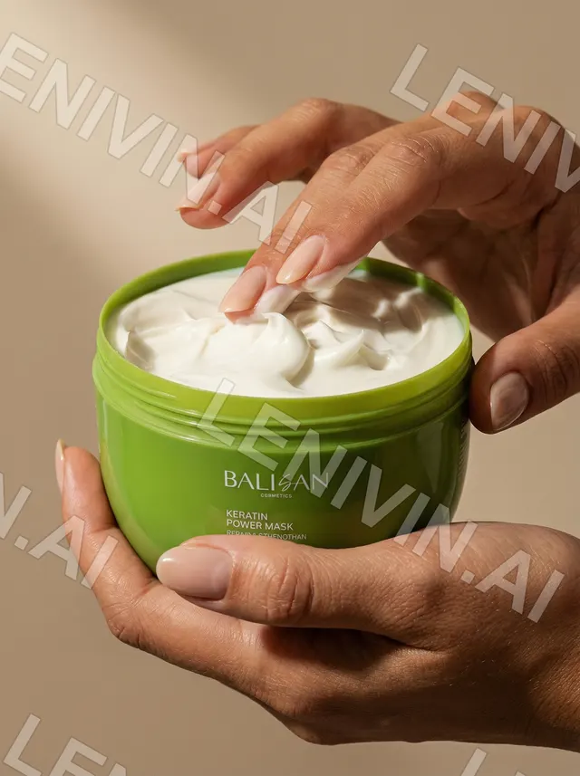 Пальцы касаются белого крема в зелёной банке Balisan Power Mask, ладонь поддерживает снизу
