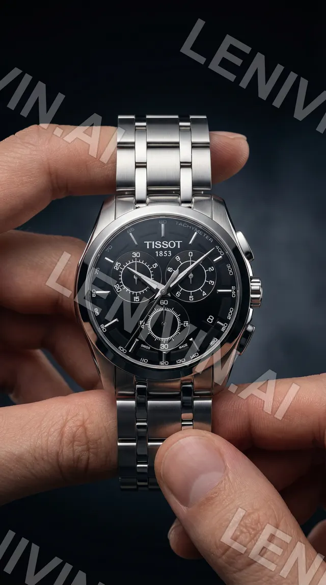 Руки держат часы Tissot с чёрным хронографом и стальным браслетом на тёмном фоне