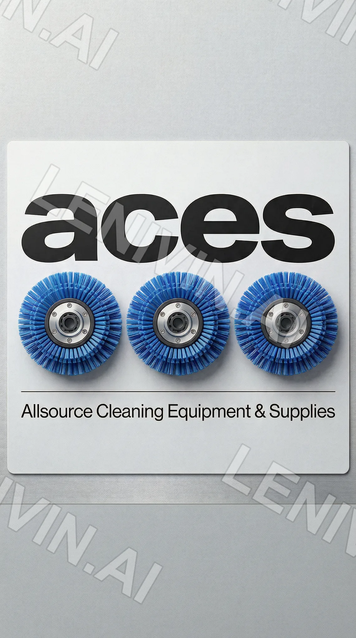 Табличка с логотипом aces, три синие круглые щётки и подпись Allsource Cleaning Equipment & Supplies