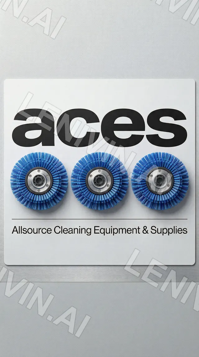 Табличка с логотипом aces, три синие круглые щётки и подпись Allsource Cleaning Equipment & Supplies