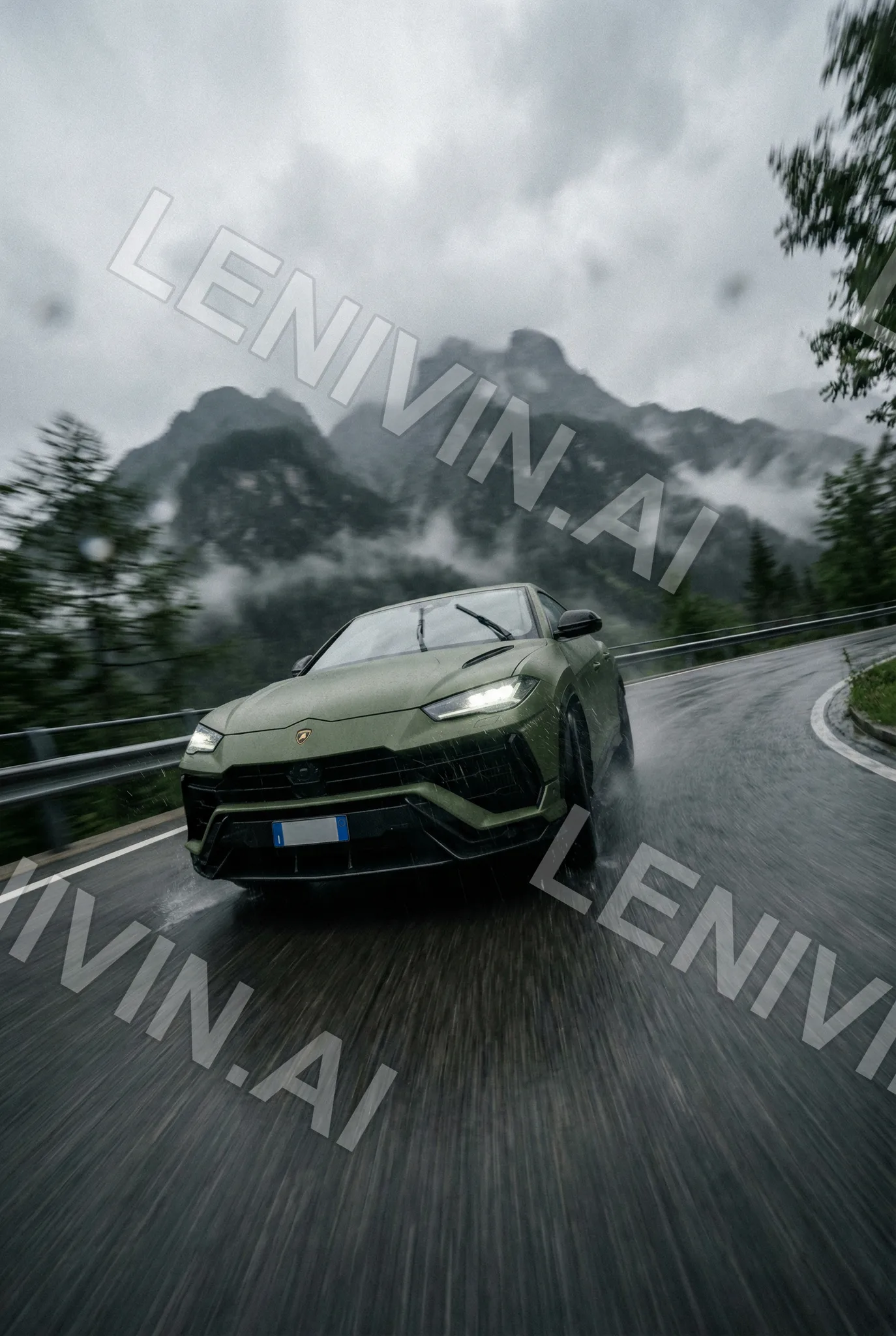 Зелёный Lamborghini Urus мчится по мокрой горной дороге, туман над хребтом, смазанный асфальт