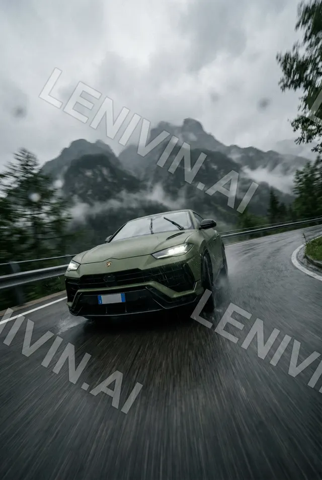 Зелёный Lamborghini Urus мчится по мокрой горной дороге, туман над хребтом, смазанный асфальт