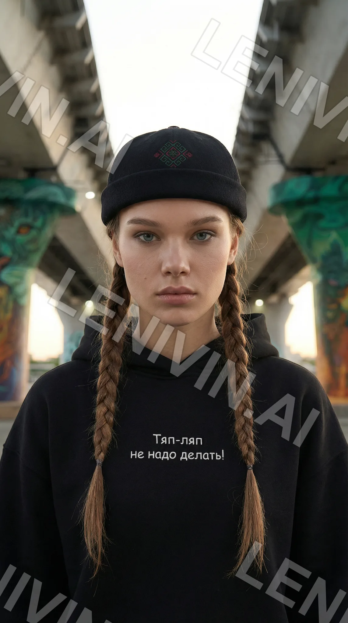 Девушка с двумя косами в чёрной шапке и толстовке с надписью, стоит под мостом с росписью