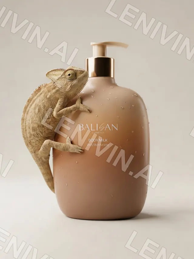 Хамелеон обвивает флакон Balisan Body Milk с капельками воды на светлом фоне