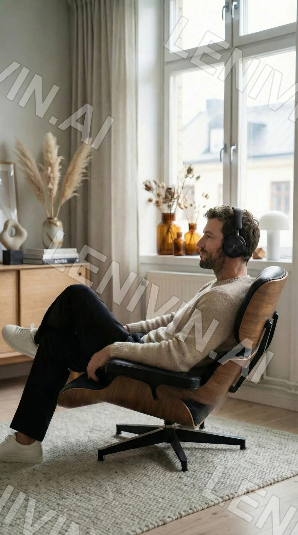 Мужчина в наушниках и свитере откинулся в кресле Eames в светлой комнате с сухоцветами