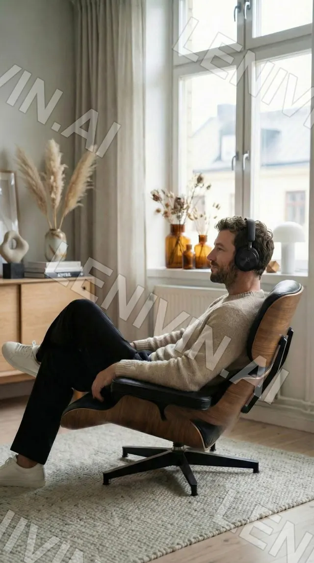 Мужчина в наушниках и свитере откинулся в кресле Eames в светлой комнате с сухоцветами