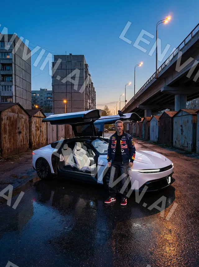 Мужчина в куртке Red Bull стоит у белого авто с открытыми дверями, мост и гаражи, закат