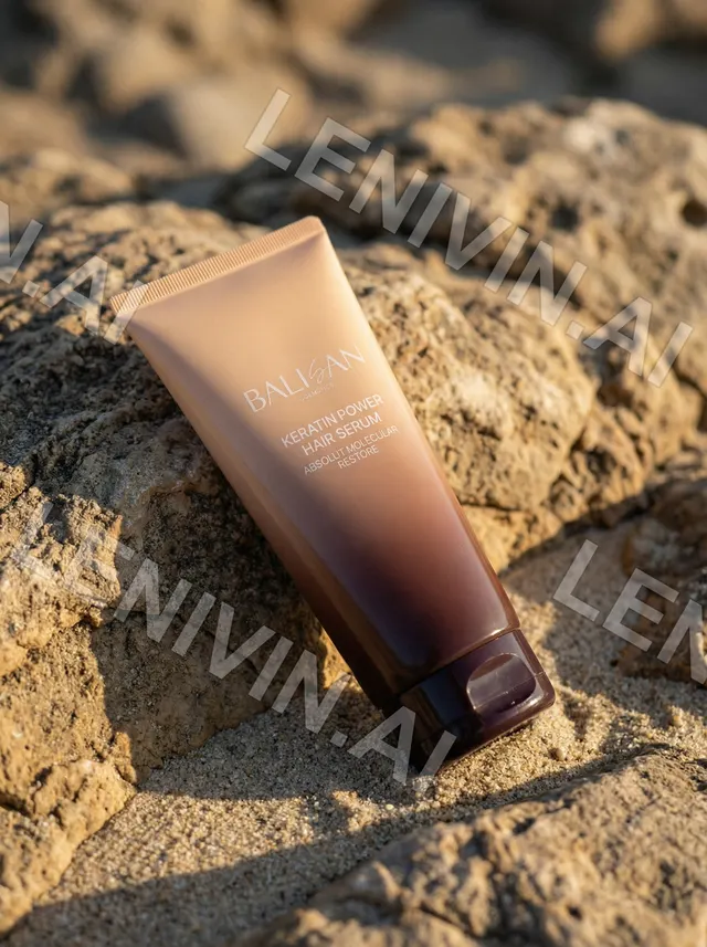 Тюбик Balisan Keratin Power Hair Serum на песчаном камне в тёплом свете