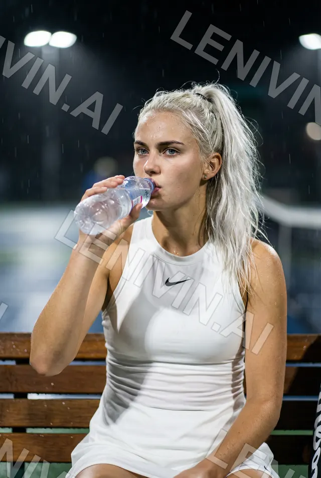 Блондинка с хвостом в белом платье Nike пьёт воду на скамье корта в дождь