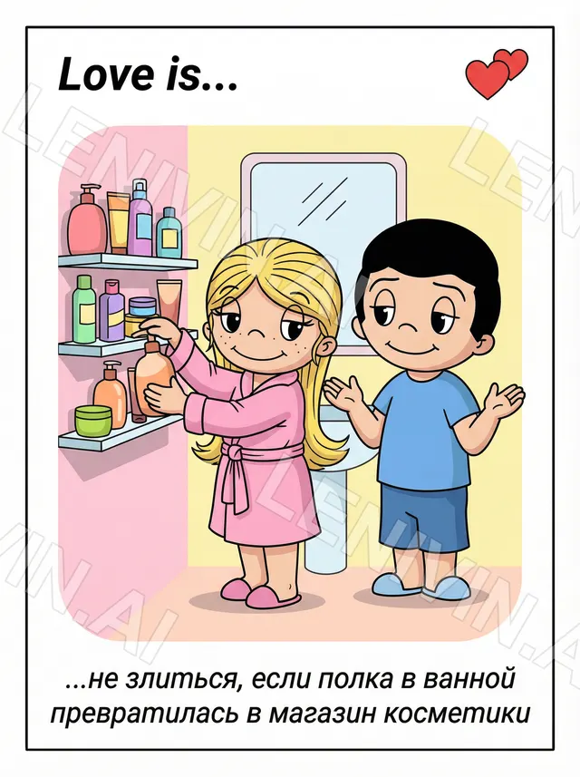 Открытка Love is: девочка в розовом халате и мальчик у полки с косметикой в ванной
