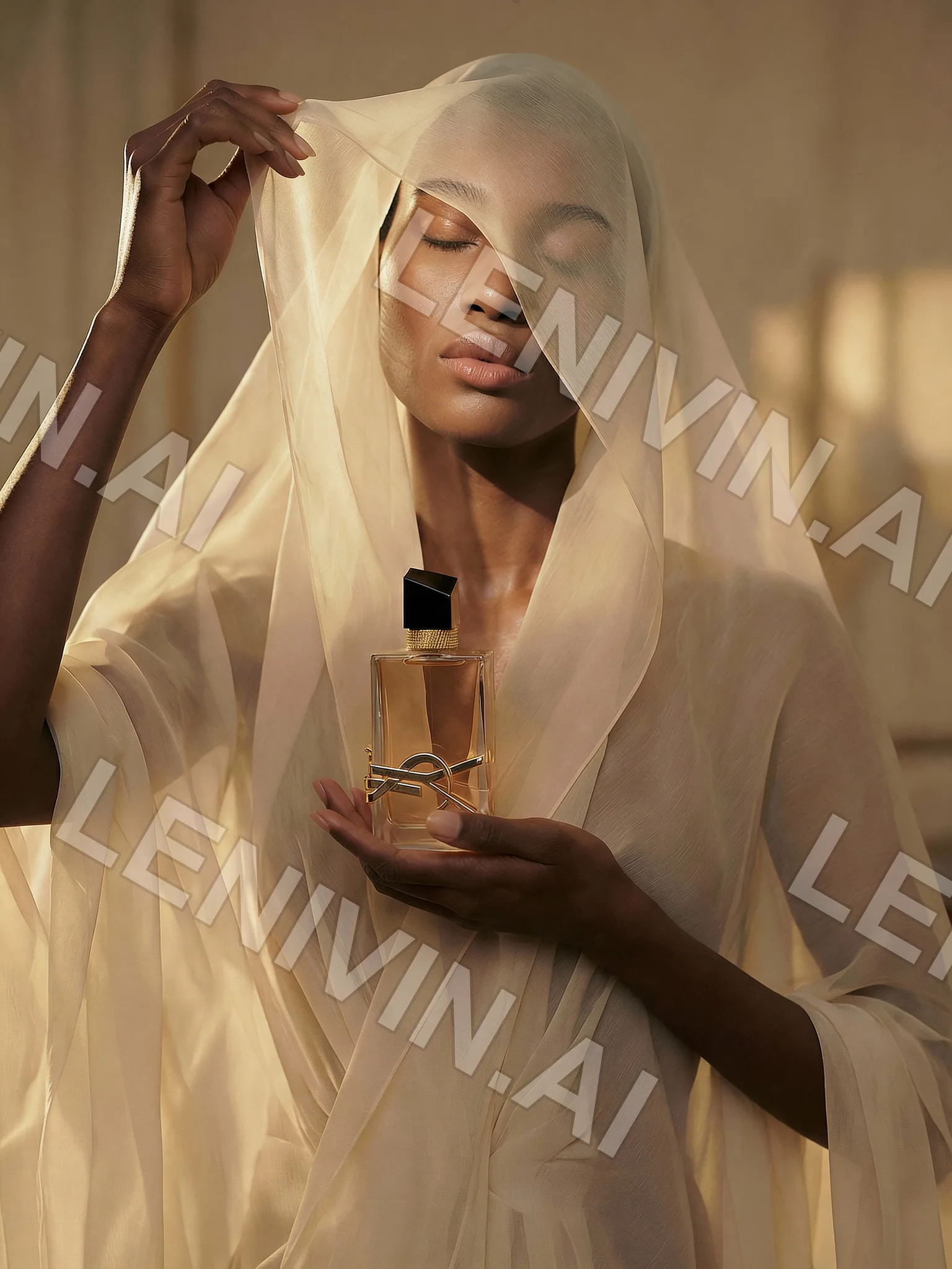 Женщина с закрытыми лицом вуалью держит флакон YSL Libre на ладони, золотистый зал