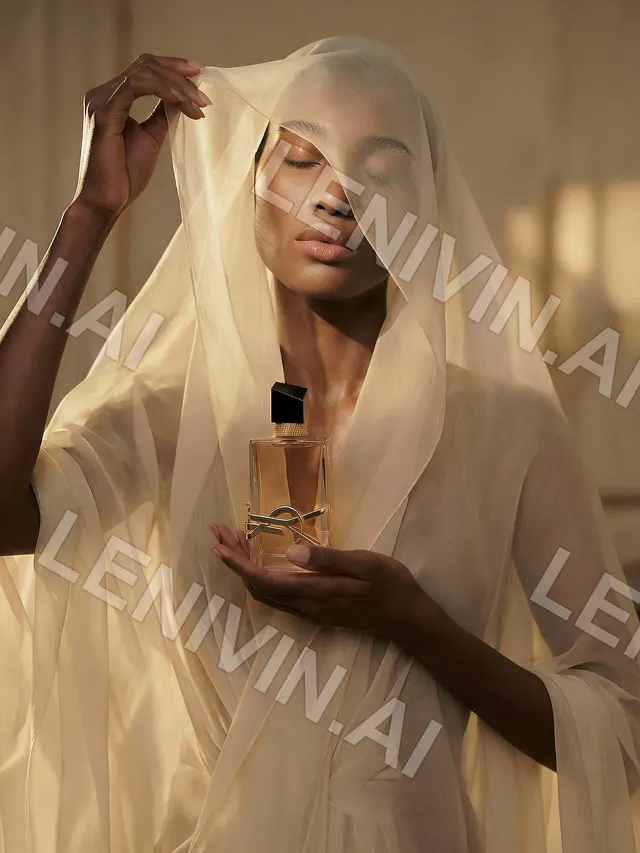 Женщина с закрытыми лицом вуалью держит флакон YSL Libre на ладони, золотистый зал