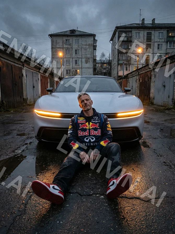 Мужчина в куртке Red Bull сидит, вытянув ноги, перед белым авто с жёлтыми фарами