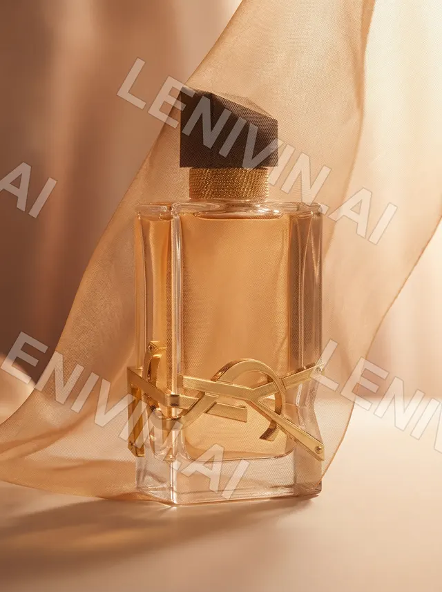 Флакон парфюма YSL Libre в складках оранжевой органзы, тёплый персиковый фон