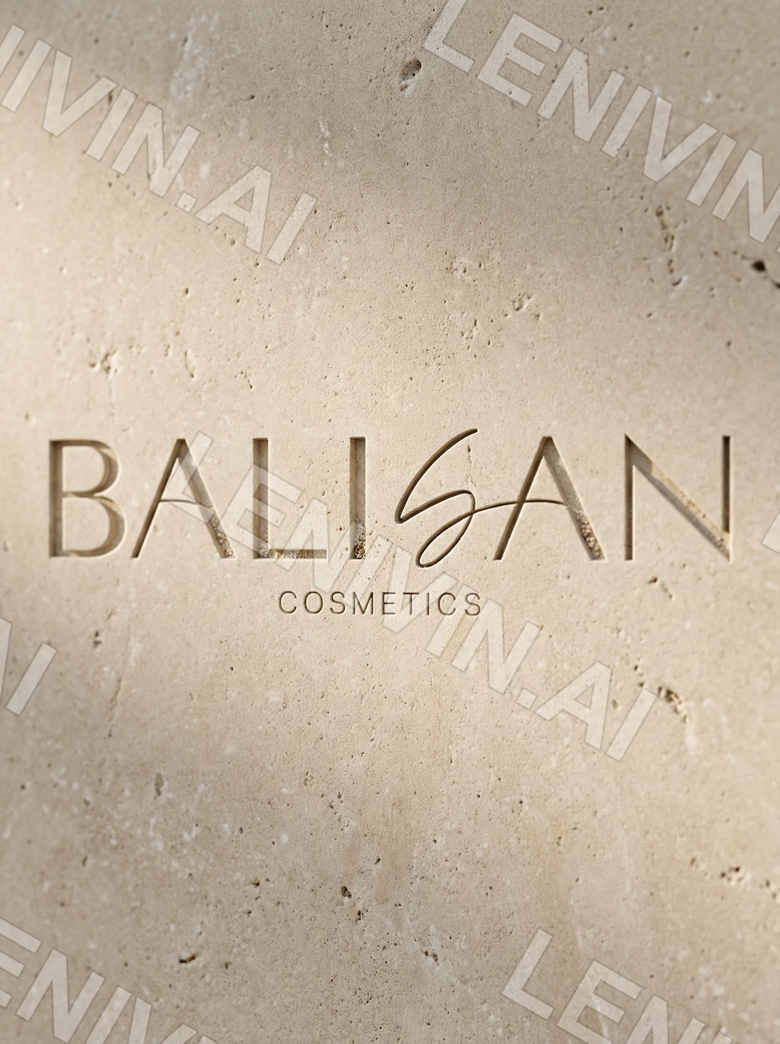 Надпись Balisan Cosmetics, выдавленная на бежевой каменной плите