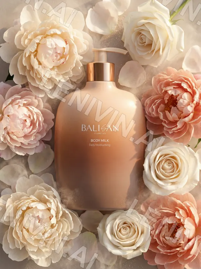 Флакон Body Milk Balisan среди кремовых и персиковых роз и пионов, вид сверху