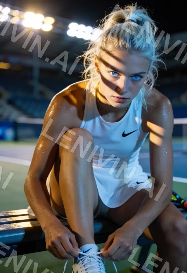 Светловолосая теннисистка в белом платье Nike завязывает кроссовок на скамье корта в свете прожекторов