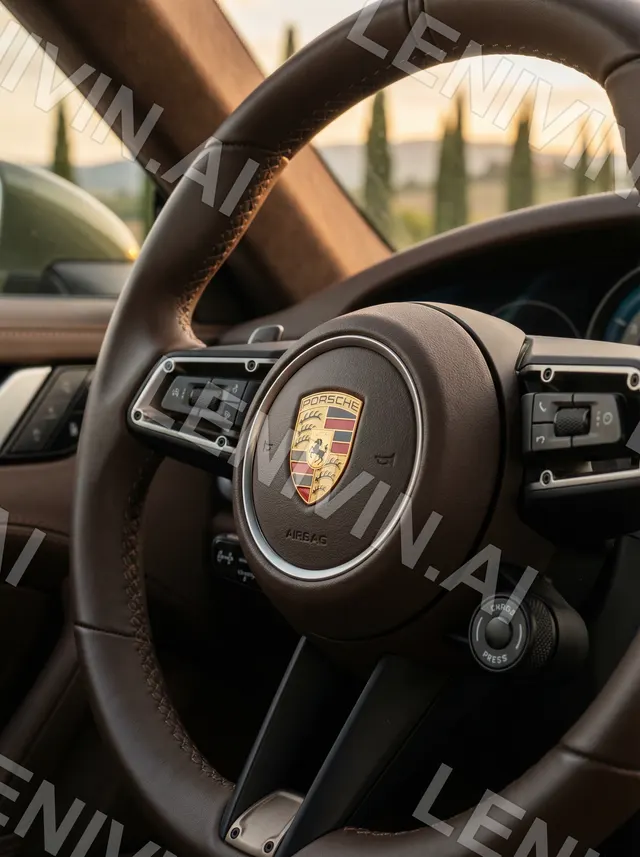 Руль Porsche с эмблемой, коричневая кожа и вид на кипарисы через лобовое стекло