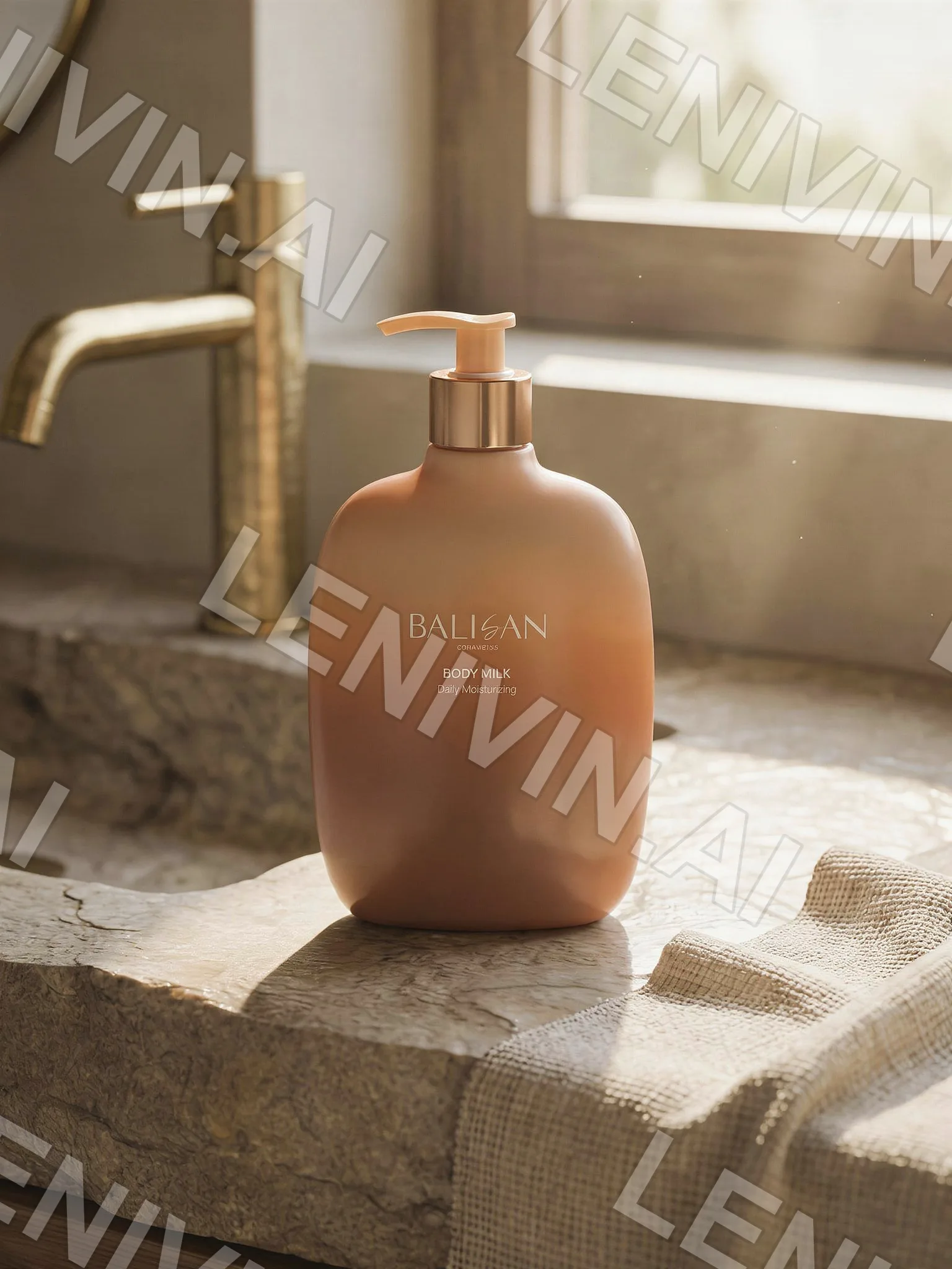 Флакон Balisan Body Milk на каменной столешнице у окна, латунный кран и льняная ткань