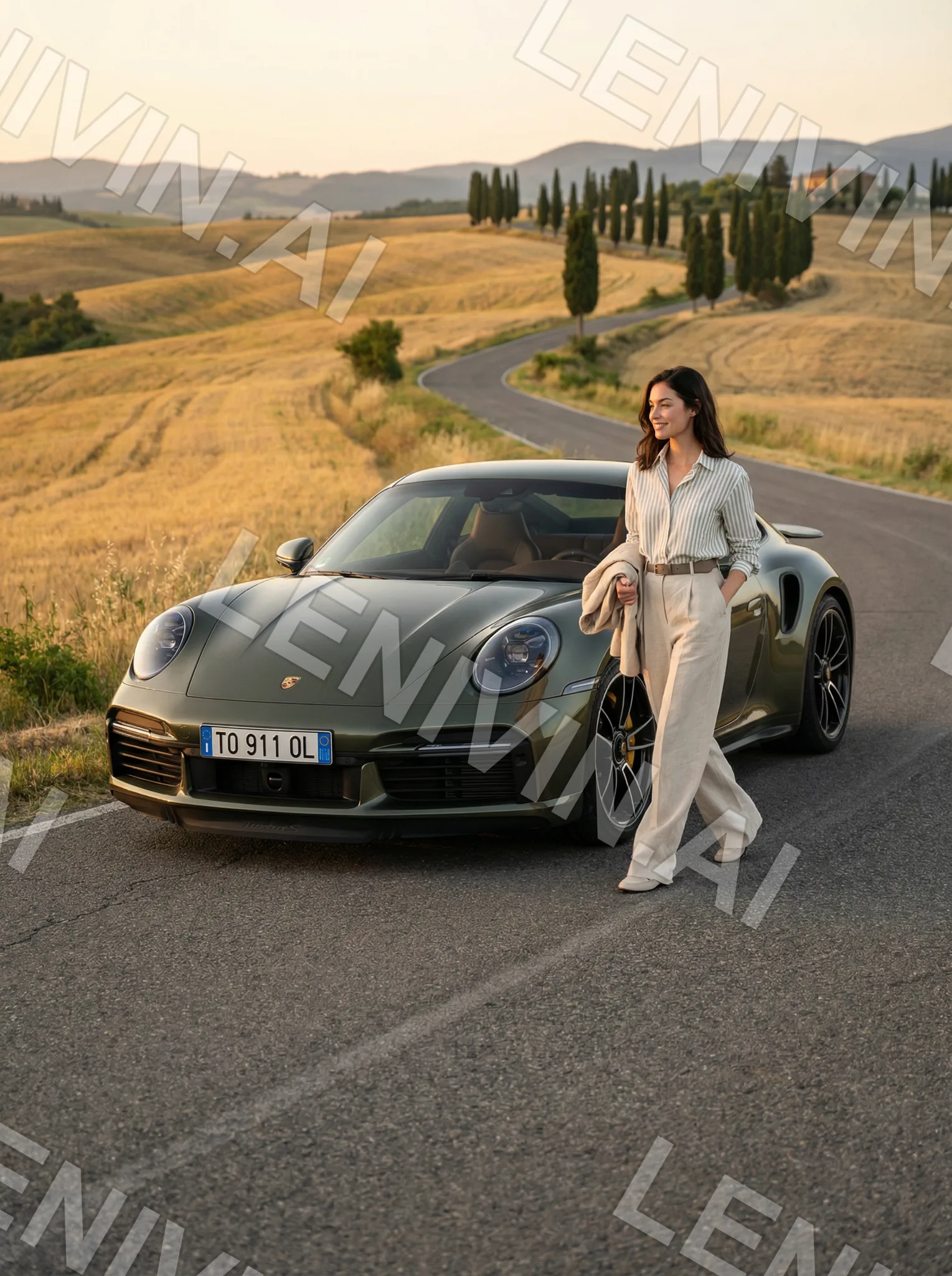 Девушка в светлом костюме у Porsche на дороге среди золотых холмов Тосканы