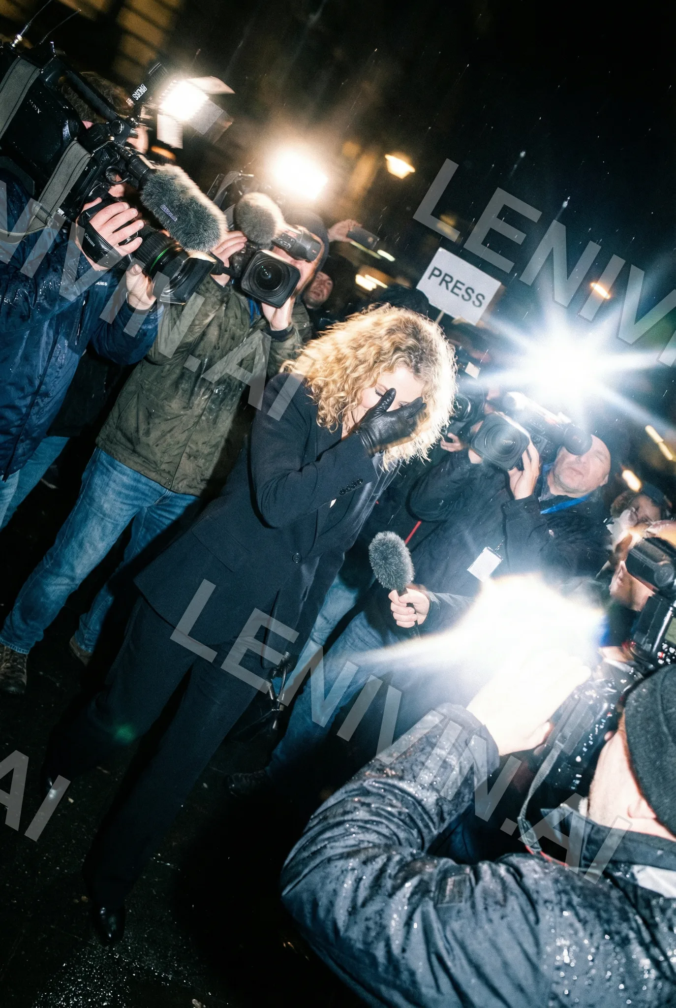 Толпа фотографов со вспышками и надписью PRESS, в центре женщина в тёмном закрывает лицо рукой