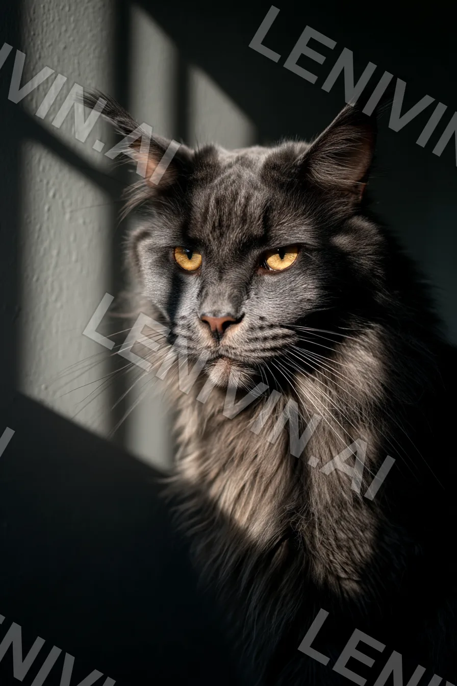 Серый пушистый кот с жёлтыми глазами в тёмной комнате, свет из окна падает на шерсть