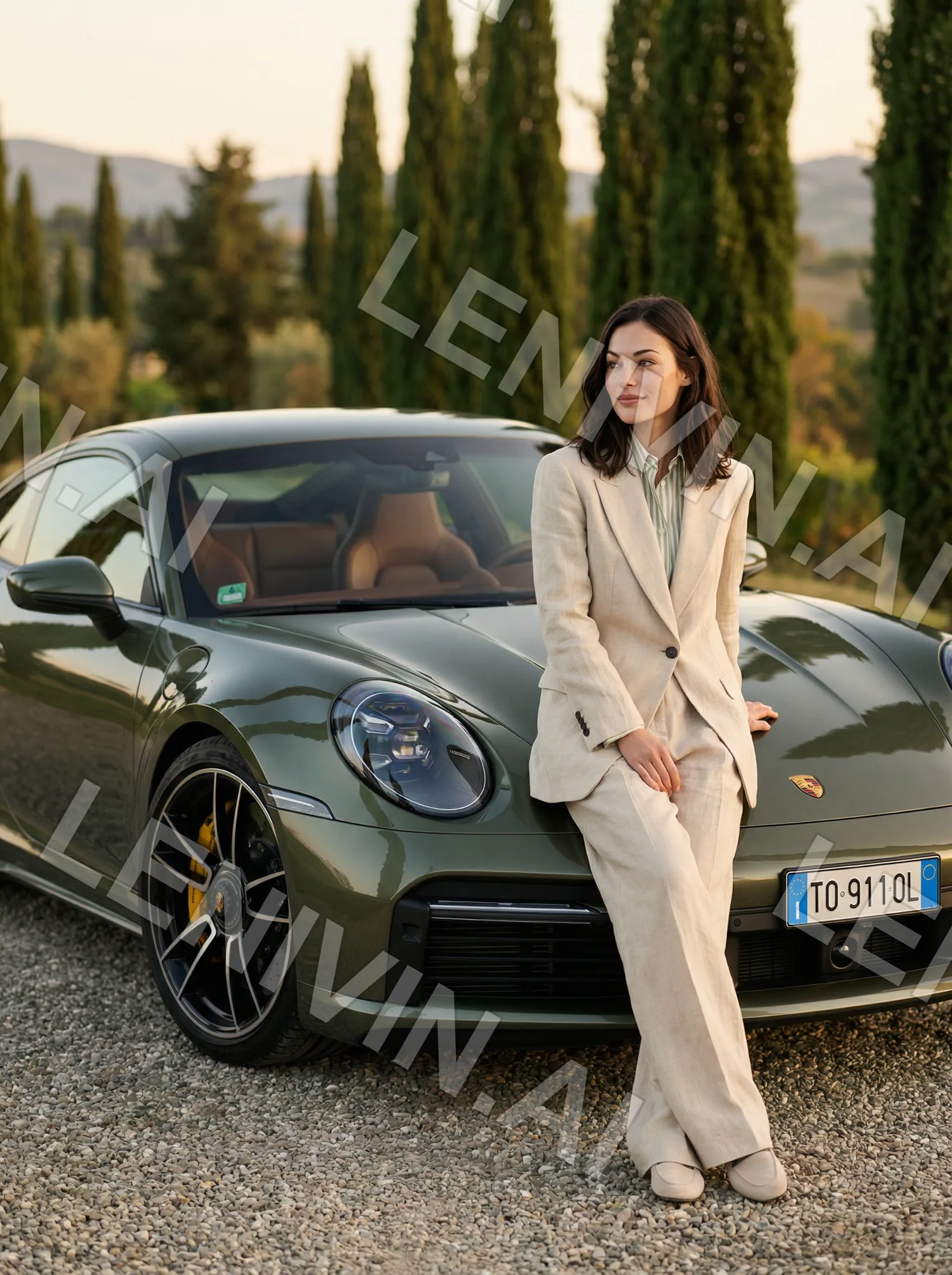 Брюнетка в светлом костюме опирается на оливковый Porsche на фоне кипарисов, с номером TO 911 OL