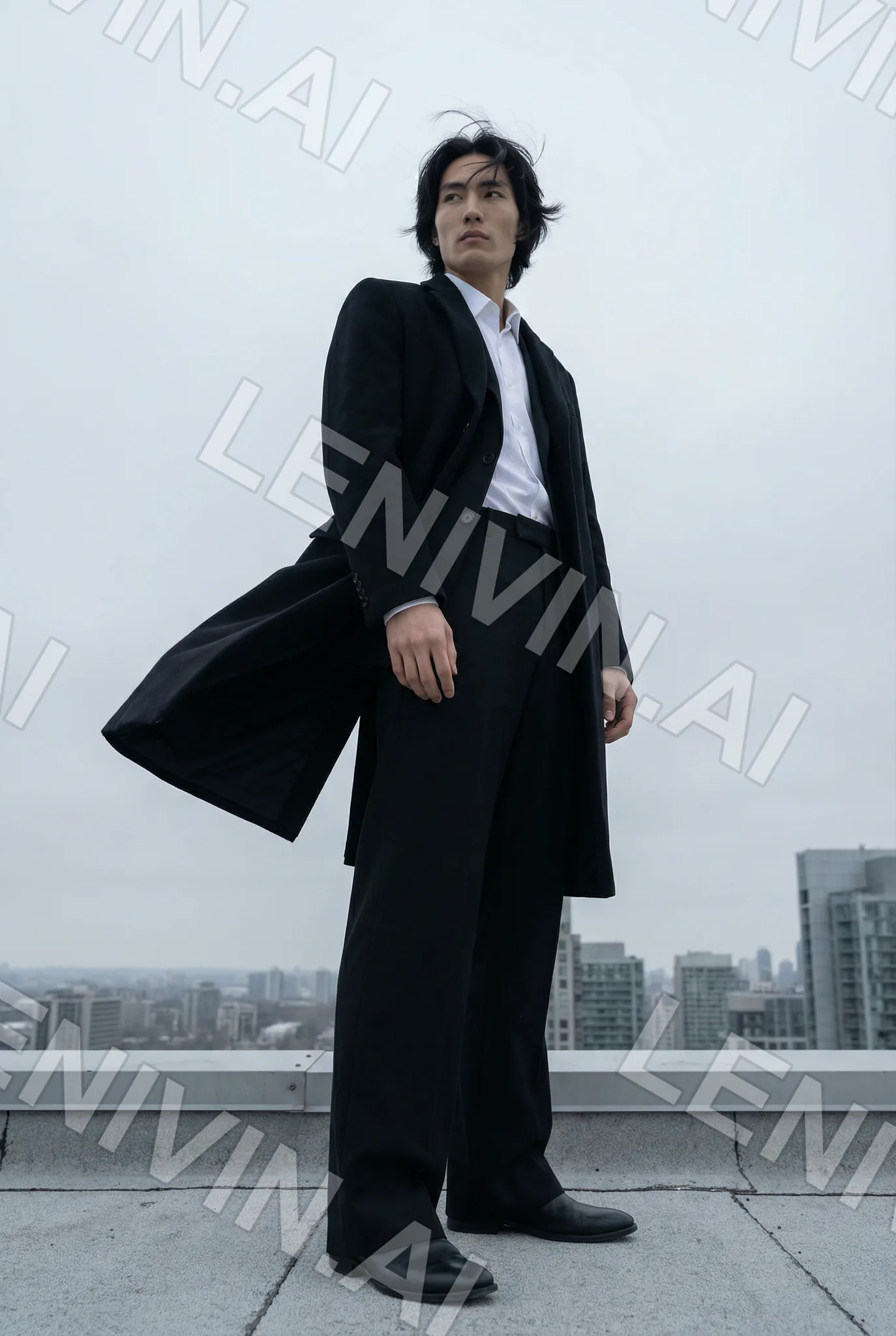 Мужчина в длинном чёрном пальто на крыше, ветер развевает полы, серое небо и город