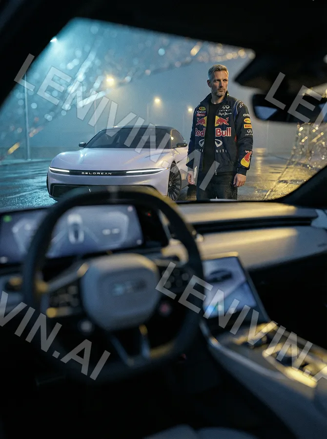 Мужчина в куртке Red Bull у белого авто в тумане, вид из салона на руль и дисплей