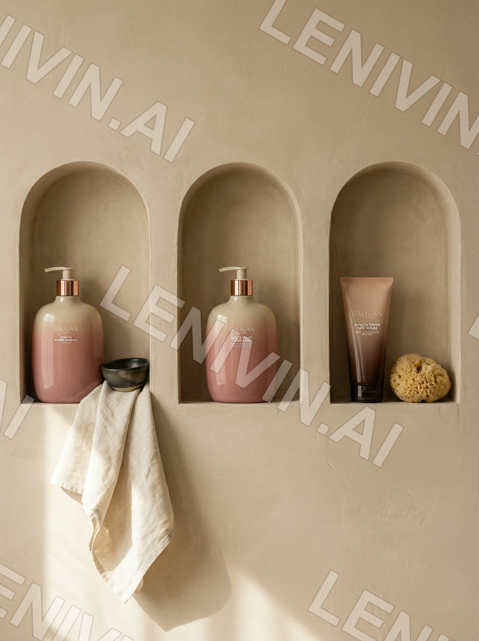 Бежевая стена с тремя арочными нишами: розовые флаконы, туба и полотенце