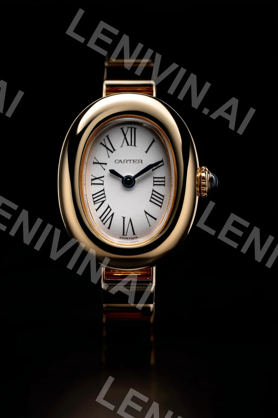 Золотые наручные часы Cartier с римскими цифрами на чёрном фоне
