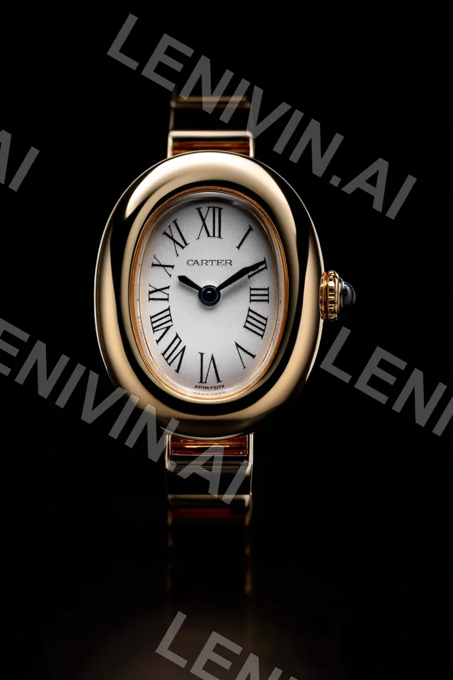 Золотые наручные часы Cartier с римскими цифрами на чёрном фоне