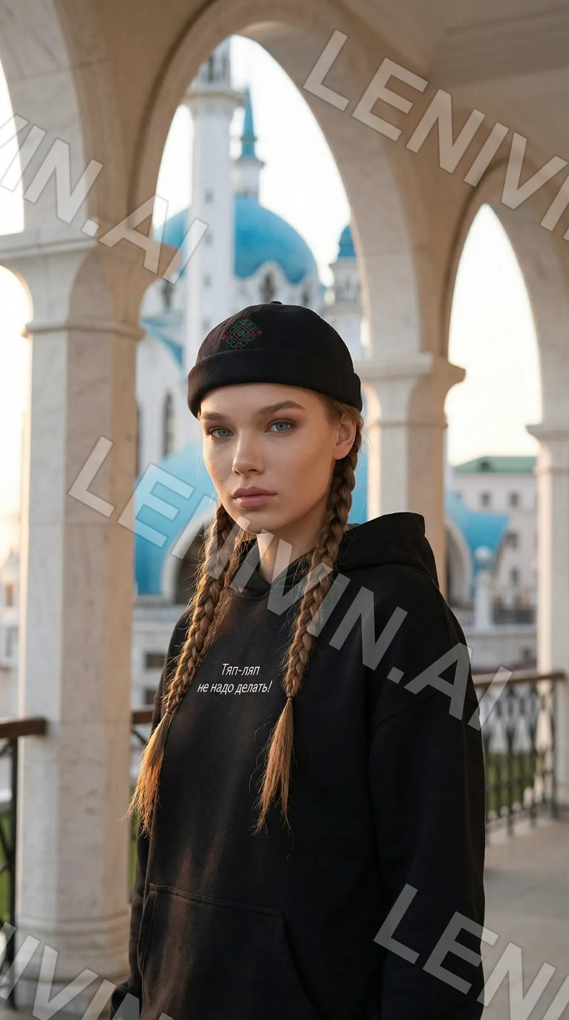 Девушка с косами в чёрной толстовке и шапке под белыми арками, на фоне мечети с голубым куполом