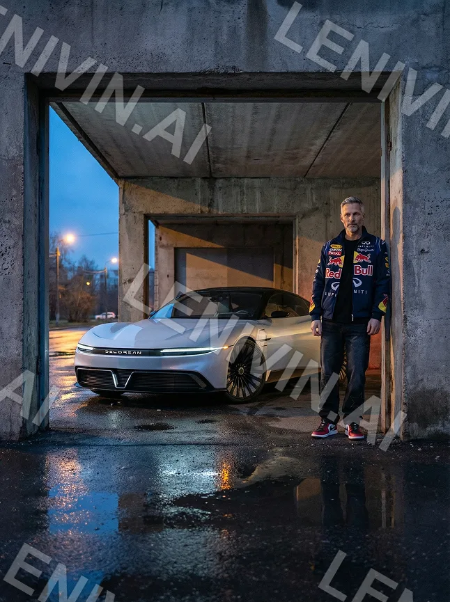 Мужчина в куртке Red Bull у белого купе под бетонным навесом, вечер, мокрый асфальт