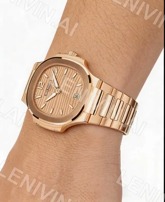 Ролик: на запястье часы Patek Philippe в розовом золоте, белый фон