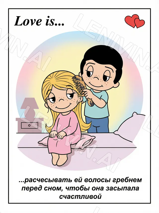 Открытка Love is с рисованной парой: парень расчёсывает блондинке волосы гребнем перед сном