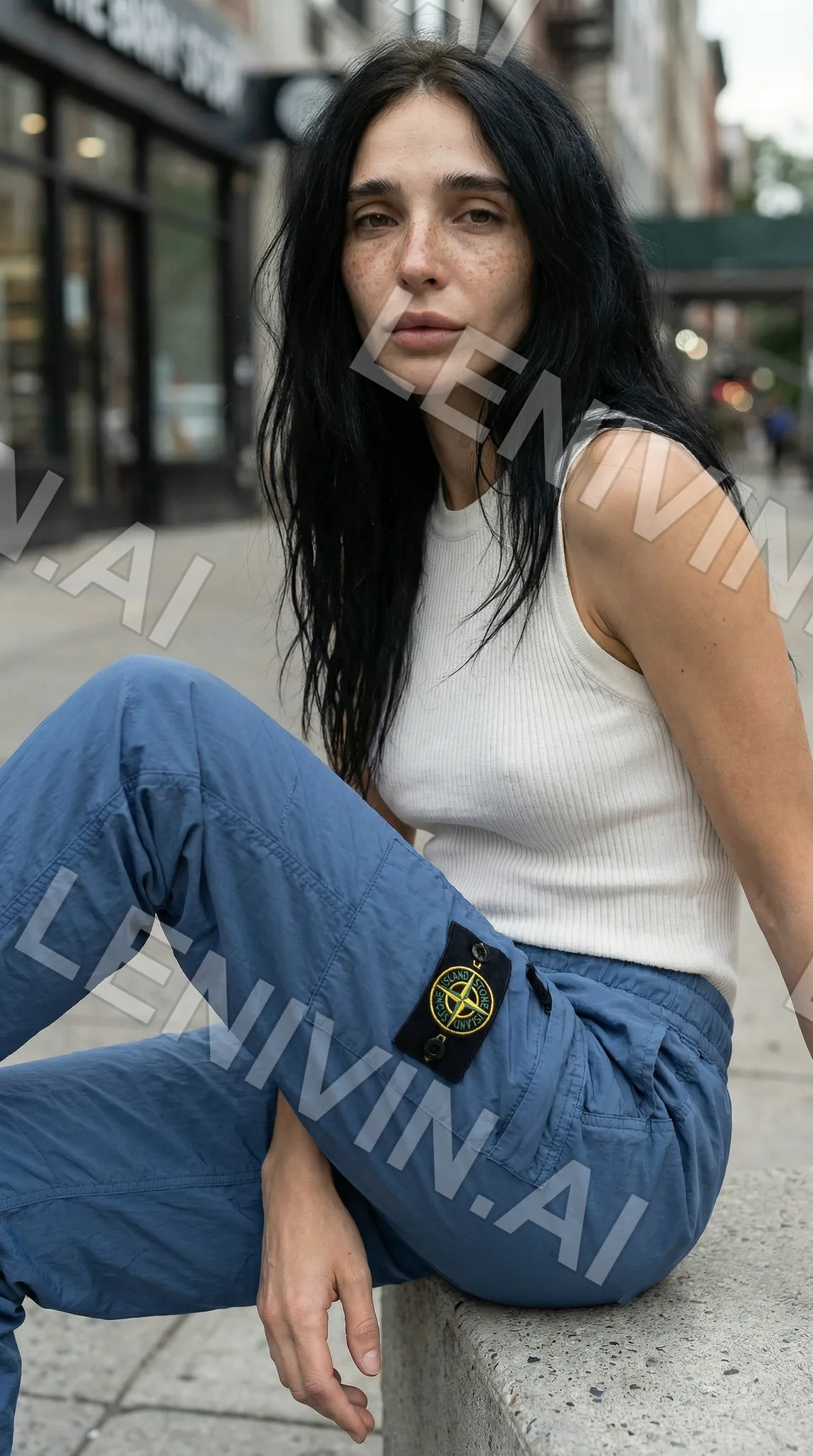 Брюнетка в белом топе и синих карго с нашивкой Stone Island сидит на каменном бордюре