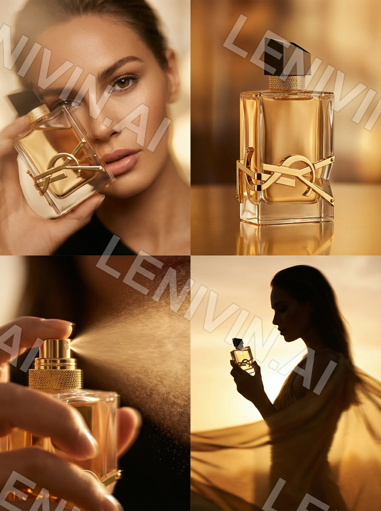 Коллаж: женщина с флаконом духов, золотой флакон YSL, распыление, силуэт женщины с флаконом