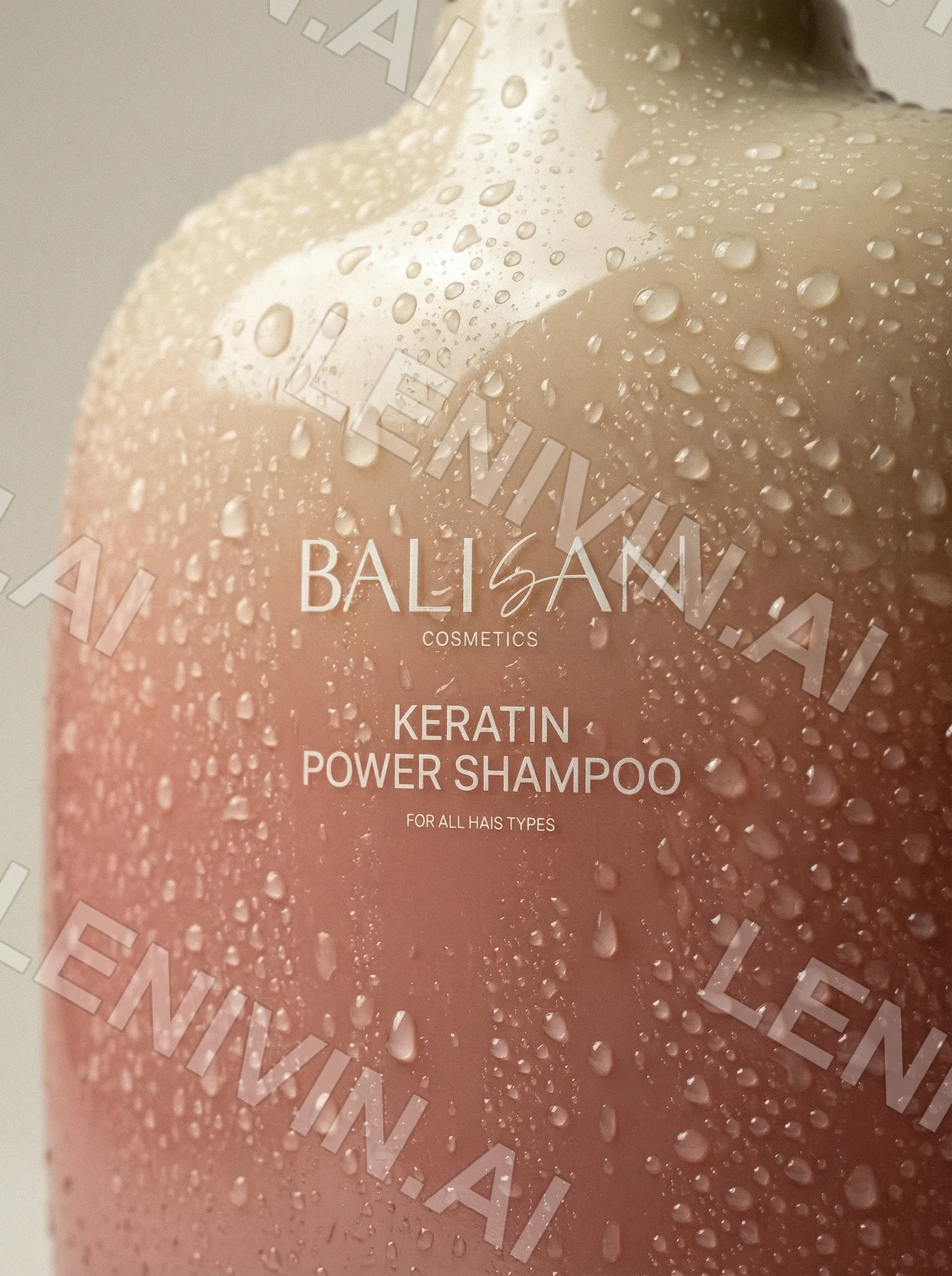 Крупный план флакона шампуня Balisan Keratin Power Shampoo в каплях воды, розово-бежевый градиент