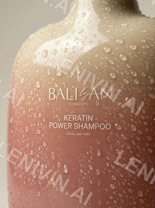 Крупный план флакона шампуня Balisan Keratin Power Shampoo в каплях воды, розово-бежевый градиент