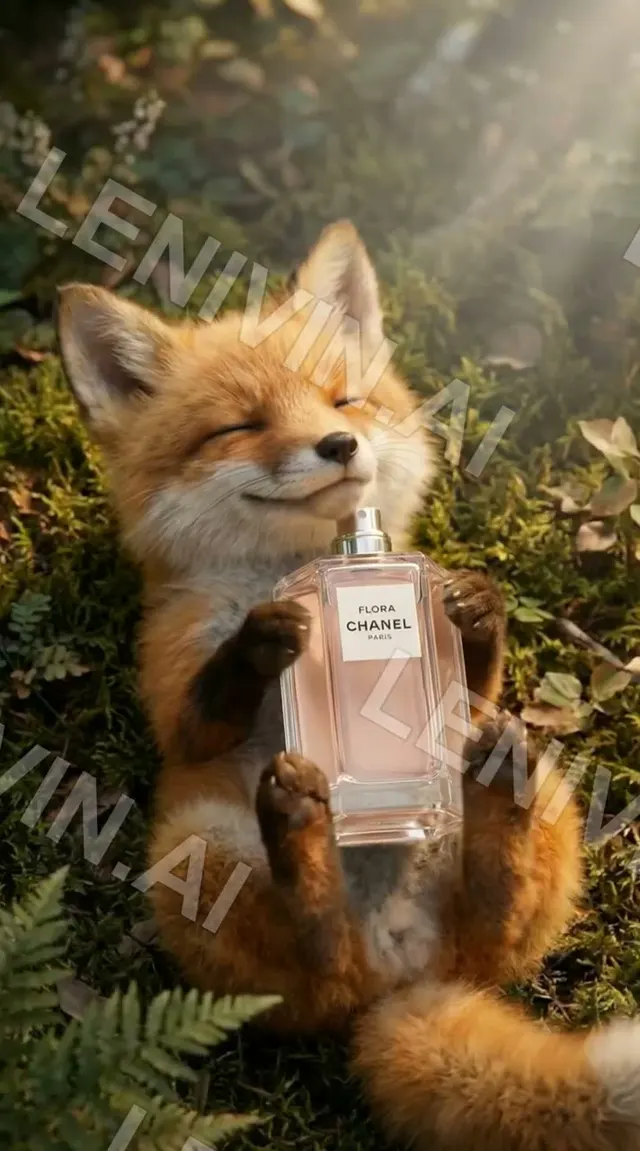 Ролик: лисица держит флакон Chanel Flora, лучи света и зелень